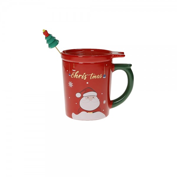 TAZZA MUG ROSSA CON TAPPO E CUCCHIAINO ALBERO